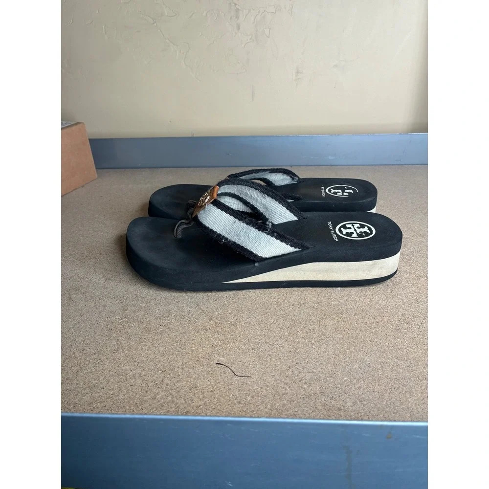 Tory Burch Platform Flip Flop Sandals Black White Striped Wedge Medallion Sz 8